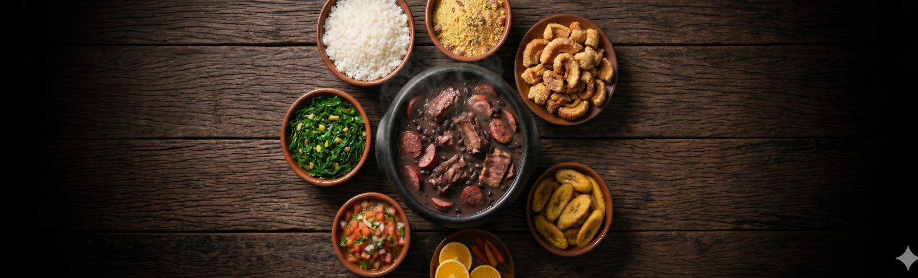 Feijoada completa com arroz, farofa, couve, banana, torresmo e vinagrete