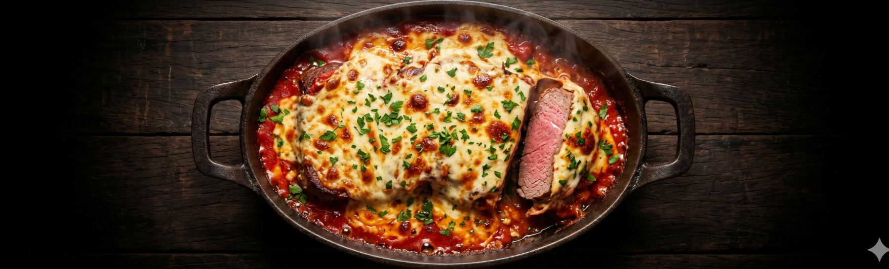 Parmegiana de Baby Beef com queijo derretido e fatia de carne rosada